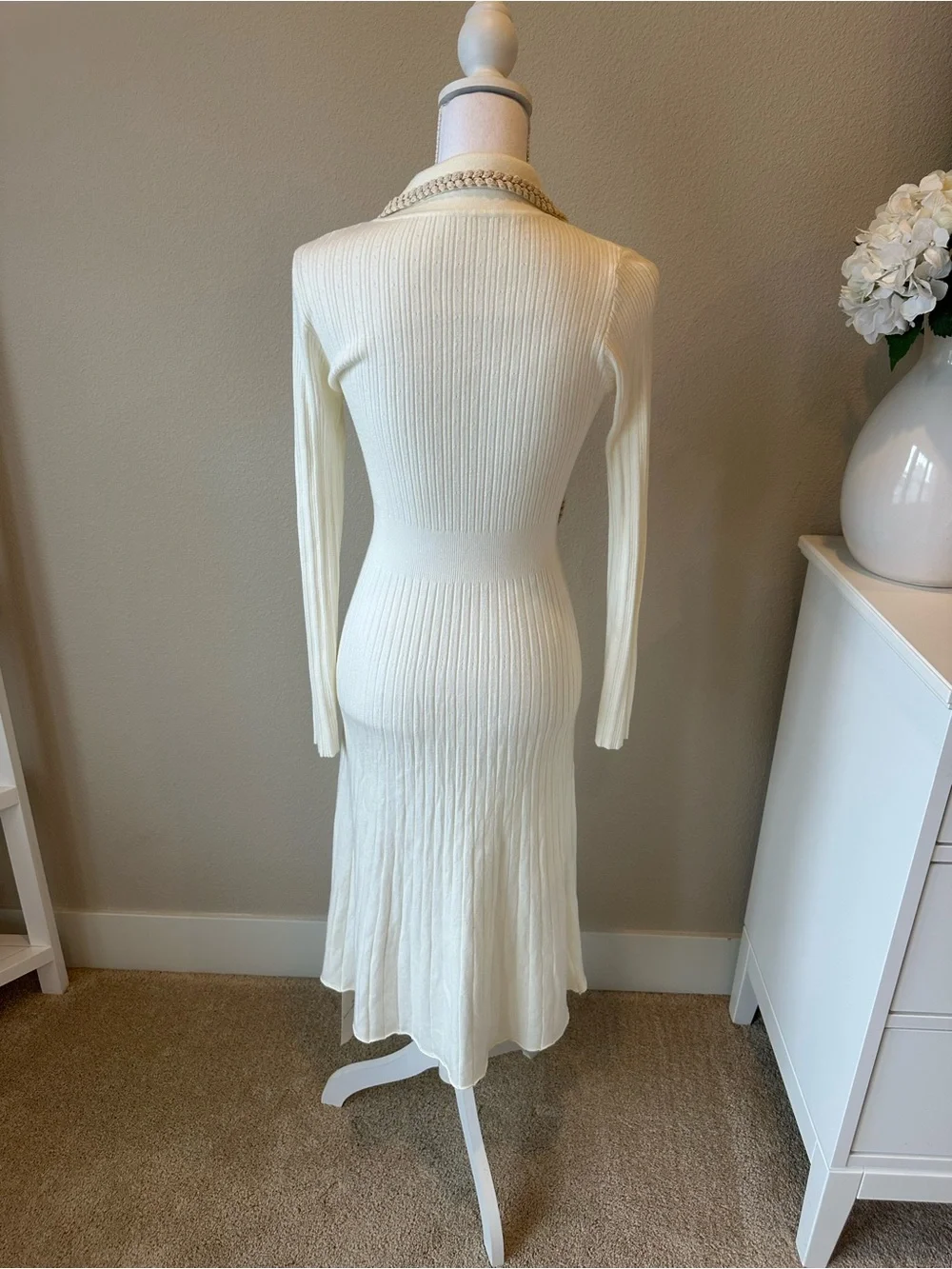 Cream Long-Sleeve Ribbed Knit Dress with Gold-Trim Collar - Picture 3 of 4